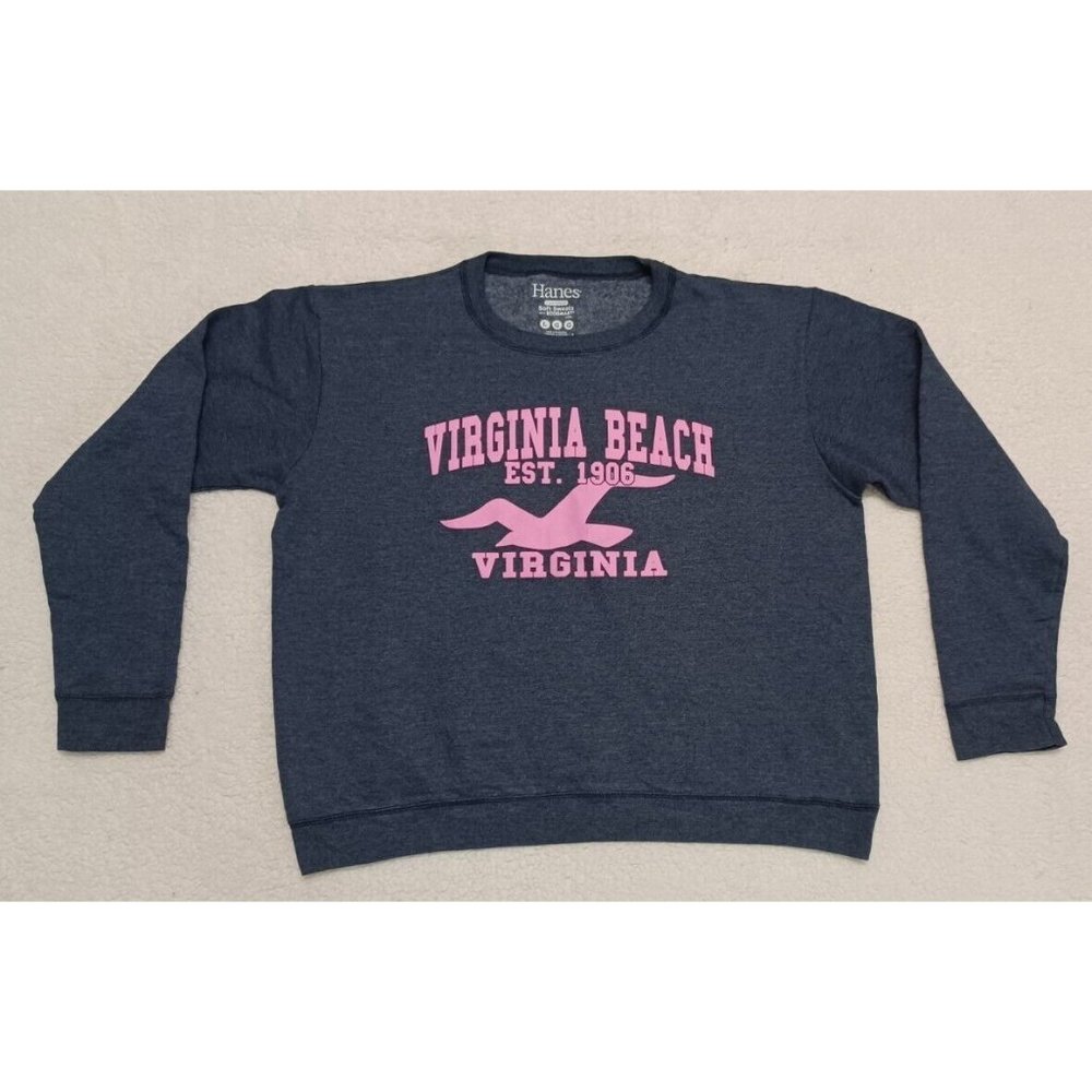 Hanes Comfort Gray Womens Virginia Beach Virginia Graphic Pullover Sweater Sz L